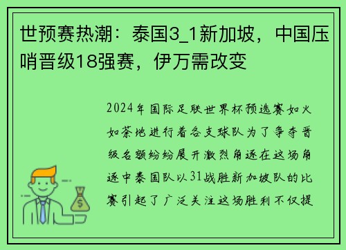 世预赛热潮：泰国3_1新加坡，中国压哨晋级18强赛，伊万需改变