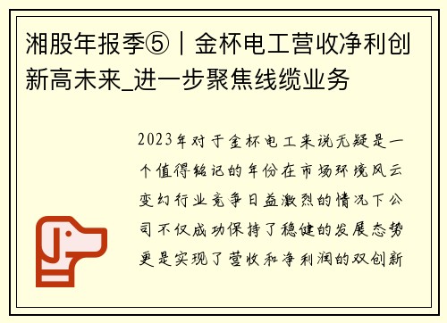 湘股年报季⑤｜金杯电工营收净利创新高未来_进一步聚焦线缆业务